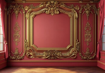 Obraz premium A luxurious red wall with intricate gold carvings, a large rectangular recess in the center, surrounded by symmetrical columns and floral patterns