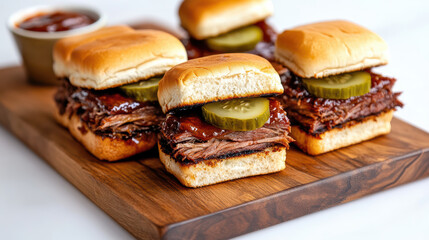 Delicious brisket sliders topped with pickles and barbecue sauce on wooden platter