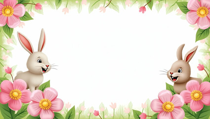Charming Easter Bunny and Blooming Flowers Border Frame with Delightful Copy Space for Easter Messages - Perfect for Photo Stock Concepts and Creative Easter Celebrations!
