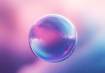 A floating colorful bubble with iridescent effects, reflecting pink, purple, and blue hues, a soft gradient background transitioning from purple to orange, soft lighting