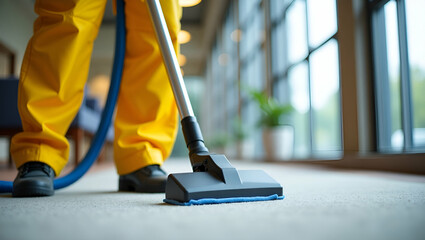 Professional Cleaner in Yellow Overalls Vacuuming Carpet for a Spotless Environment - Stock Photo Concept