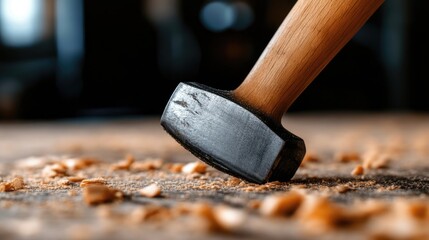 Hammer striking wood, sawdust scattered