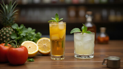 Fototapeta premium Farm to Glass Craft Cocktails: Stunning Illustrations of Fresh Ingredients and Mixology Concepts with Empty Space for Customization in Photo Stock