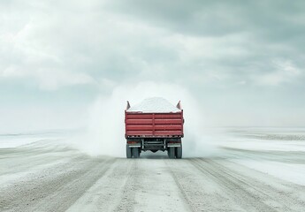 Naklejka premium A red truck loaded with a pile of white salt, driving on a salt flat, the ground is dry white salt, deep blue sky in the background