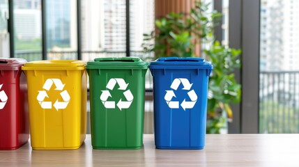 Colorful recycle bins with symbols arranged inside a building setting