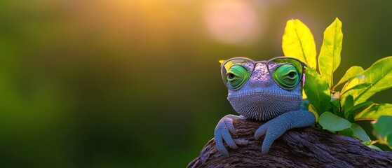 A vibrant frog rests on a log surrounded by lush green foliage and soft sunlight.