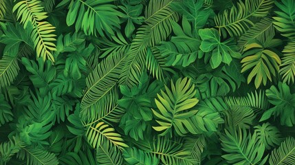 Lush green foliage featuring a variety of tropical leaves intertwined, creating a vibrant natural backdrop
