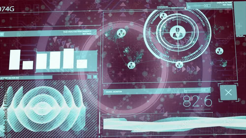 Poster displaying animation of futuristic digital interface with biometric scanning elements