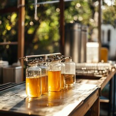 Honey extraction tools on apiary table, processing station with filtering equipment,