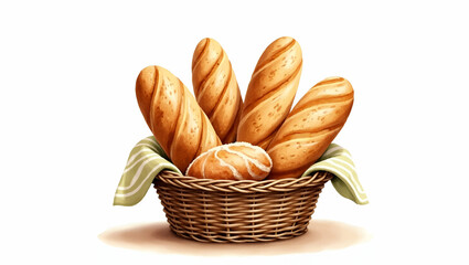 Artistic Watercolor Illustration of a Rustic Basket Overflowing with Assorted Artisan Breads - Perfect for Bakery Concepts and Stock Photos with Left-Side Empty Space for Customization