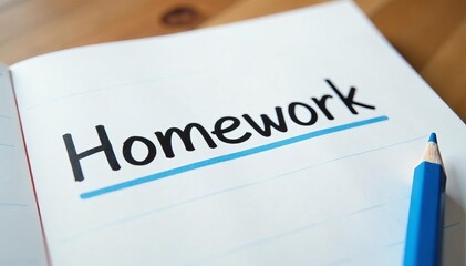 Close-up of a homework word written neatly on a white sheet of lined paper, academic, pen, study