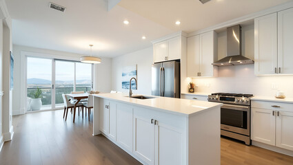 Fototapeta premium Modern White Kitchen Design: Wood Floors, Recessed Lighting & Balcony View in Flat Vector Style