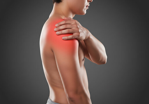 Shoulder Pain Medical Illustration: Male Anatomy Showing Red Inflammation in the Deltoid Muscle