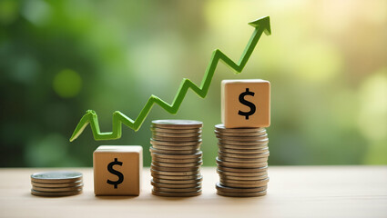 S&P 500 Index Fund Symbol on Stacked Wooden Cubes and Coins: Visualizing the Upward Trend of the S&P 500 Index in Business Concept Photography with Empty Space for Customization