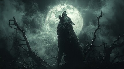 Howling wolf silhouetted against a full moon in a dark forest.