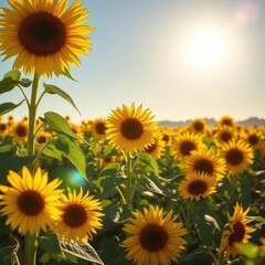 Obraz premium Golden sunflower field basking in bright summer sunlight, botany, rural