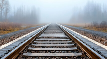 Fototapeta premium serene railway track stretches into fog, evoking sense of mystery and calm