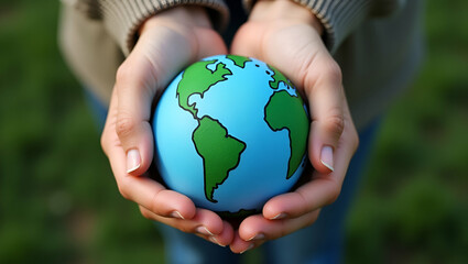 Top View Image of Hands Embracing Handmade Globe on World Earth Day: Symbolizing Collective Protection of the Planet with Green Energy, ESG, Renewable Resources, and Environmental Care - Stock Photo C