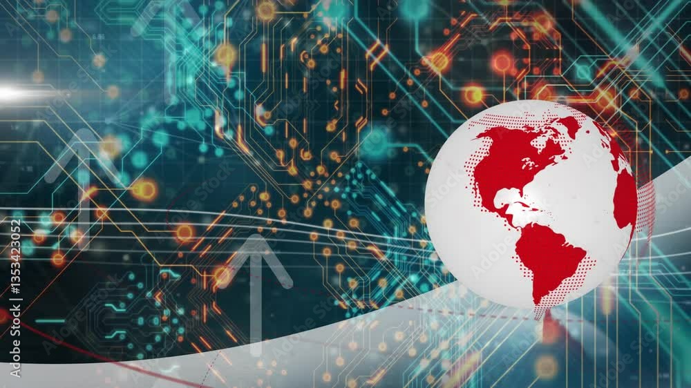 Poster digital circuit board with glowing connections and red continents globe animation