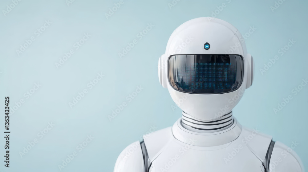 Poster futuristic robot with sleek design and digital display its face, showcasing advanced technology