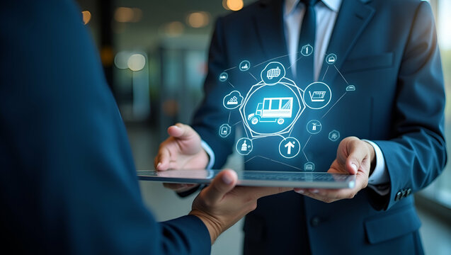 Streamlining Supply Chain and Retail Logistics: A Businessman Engages with Procurement Management Concepts on Laptop with Virtual Icons - Stock Photo Concept