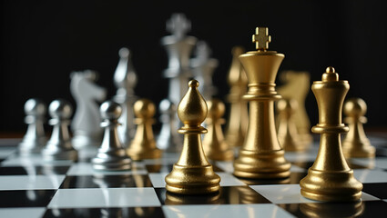 Gold and Silver Chess Pieces on a Chess Board: Visualizing Business Metaphors and Leadership Concepts with Empty Space for Creative Stock Photography