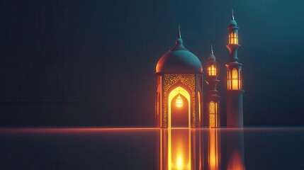 Fototapeta premium Modern generative AI banner featuring an elegant lantern and mosque for an Eid Mubarak celebration.