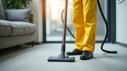 Fototapeta premium Professional Cleaner in Yellow Overalls Vacuuming Carpet for a Spotless Environment - Stock Photo Concept with Empty Space on the Left for Custom Text or Branding