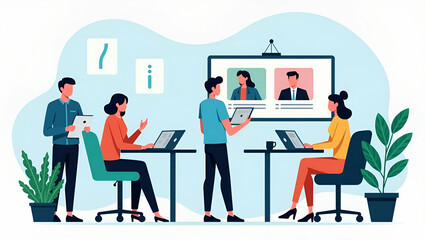 Obraz premium Flat Vector Illustration of a Business Team Working Remotely: Engaging in Online Video Conferences with Wireless Technology for Seamless Collaboration Anywhere with Internet Access