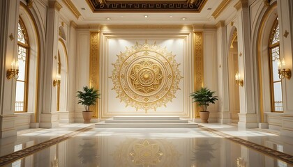 Obraz premium Elegant Interior Design Featuring Golden Mandala Artwork in Luxe Hall with Palm Plants and Marble Flooring