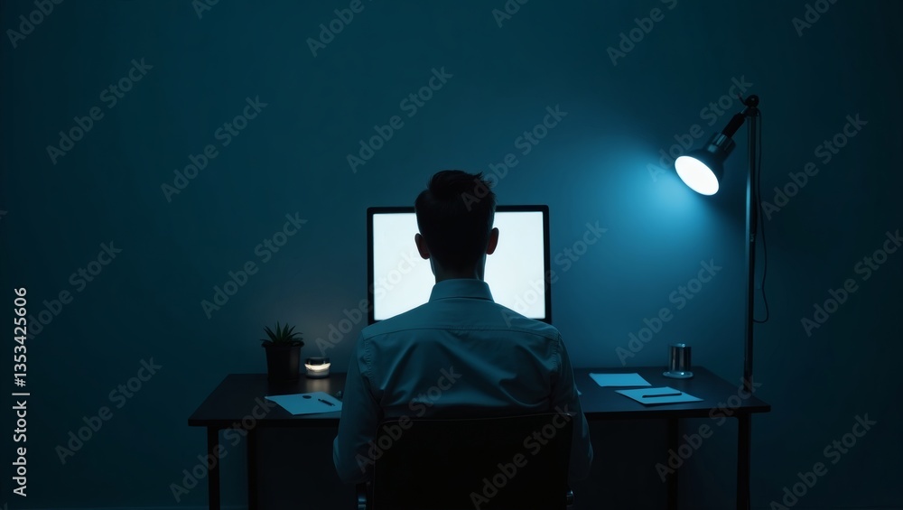 Poster a person working on a computer in a dimly lit room, illuminated by a desk lamp. The image captures a sense of focus and concentration.
