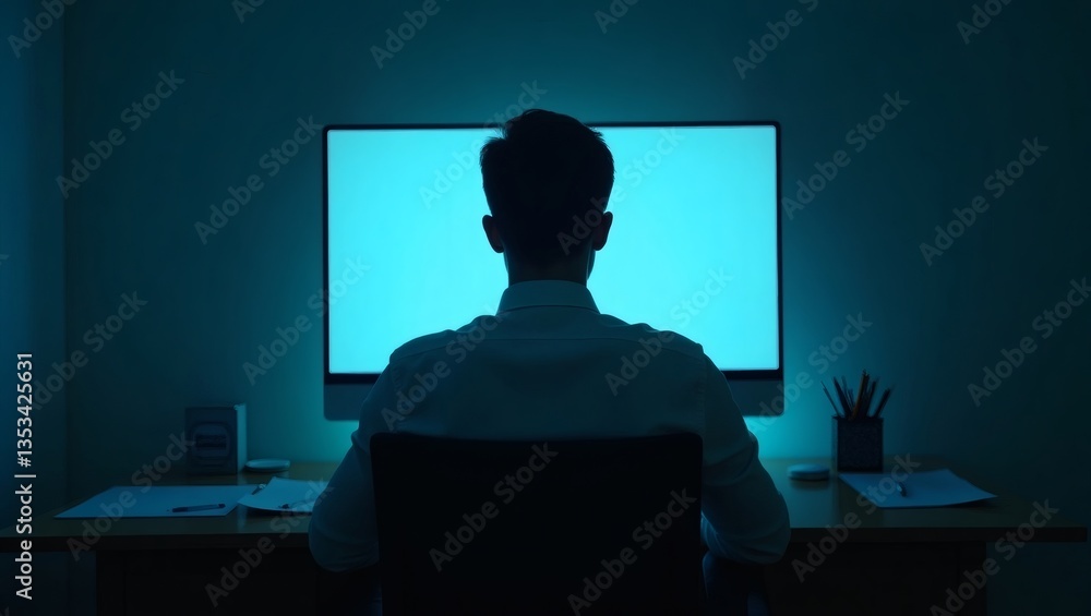 Poster a person working diligently at a computer, with only the back of his head visible