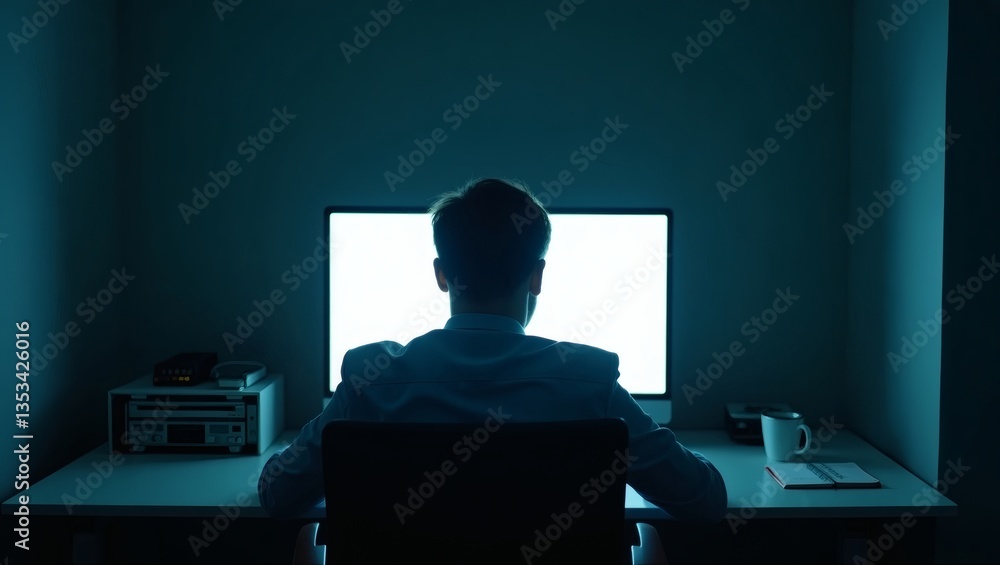 Poster a person sitting at a desk in front of a computer. The room has a dimly lit with a light from the computer screen. A coffee mug is also visible
