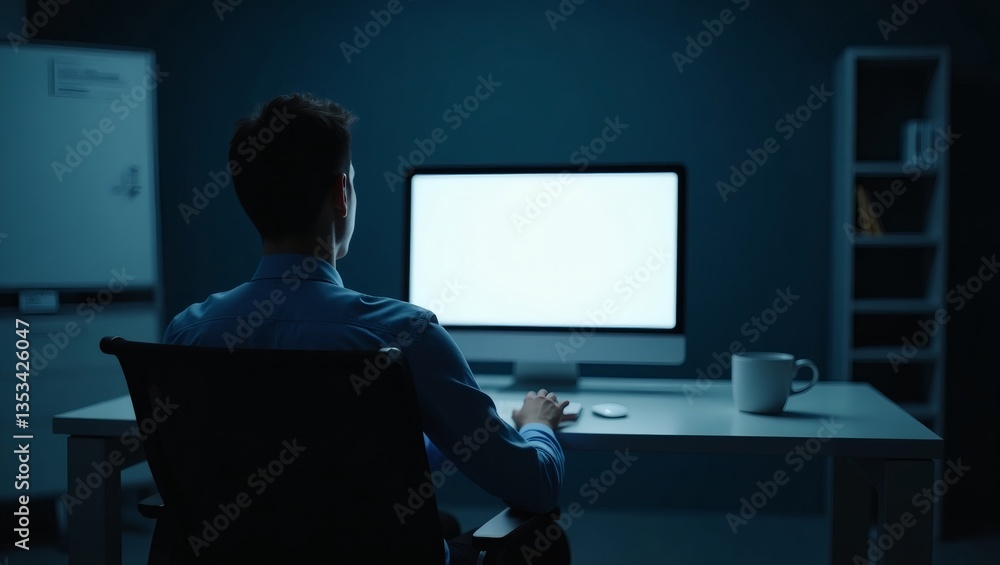 Aufkleber a person working late at night at a computer in dimly lit office, focusing on the screen