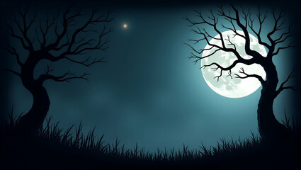 Fototapeta premium Haunted tree and full moon border frame with eerie copy space for Halloween concept as Gnarled haunted trees and a glowing full moon framing eerie space for Halloween messages in Photo Stock Concept
