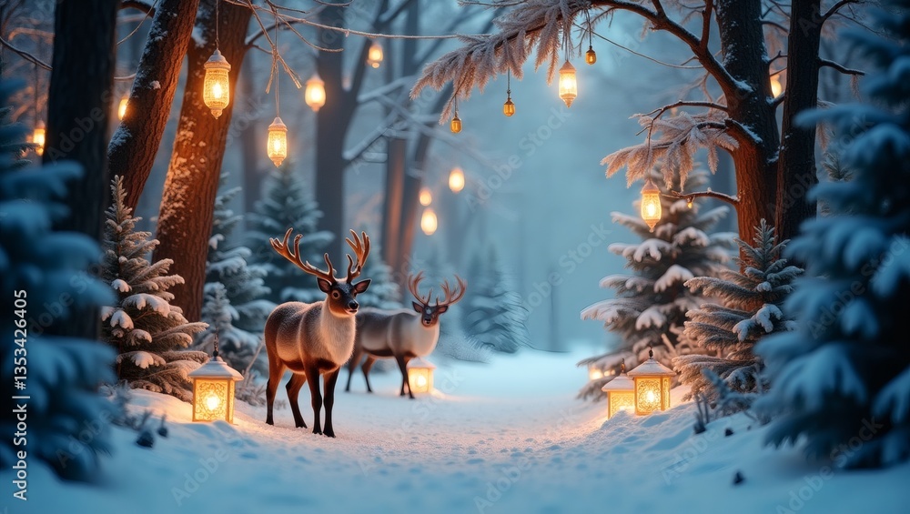 Poster A mesmerizing winter forest scene with reindeers and glowing lanterns in a snowy landscape. The path is illuminated by warm light. 