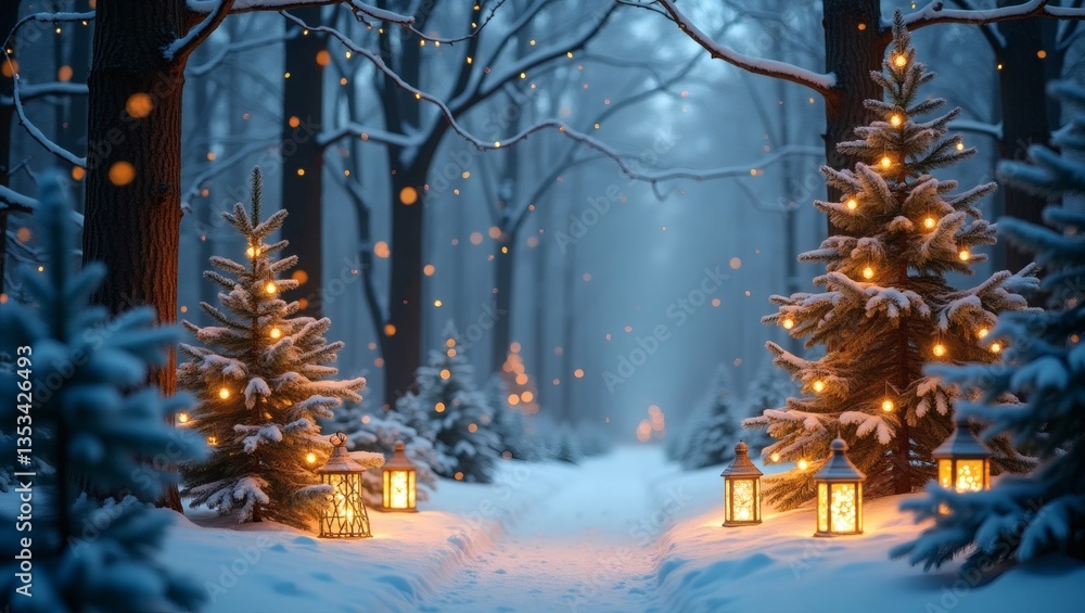 Poster a picturesque winter wonderland featuring a snow-covered path lined with illuminated christmas trees