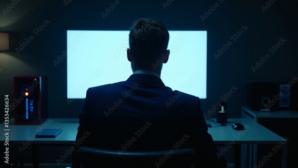 Poster a man sits in front of a monitor in a dark room. he is facing the bright screen, which is illuminate