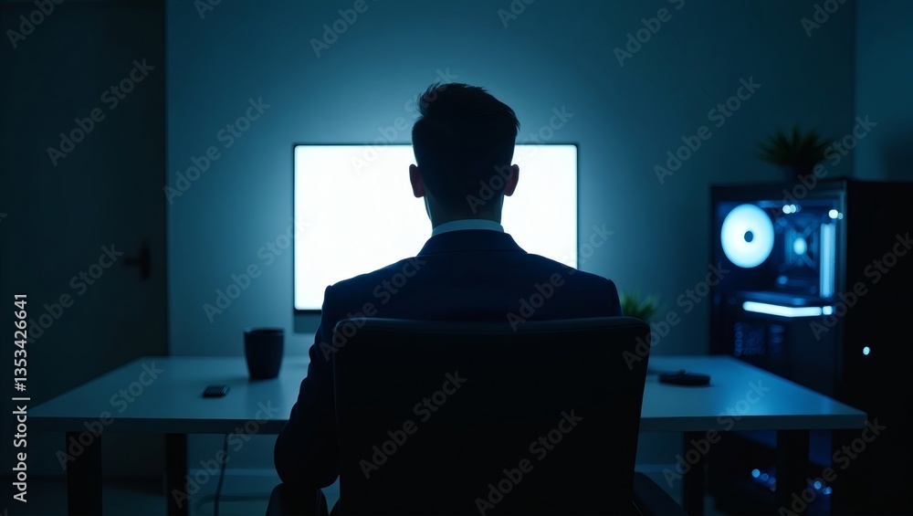 Poster a man working in the darkness at the desktop, computer screen in the dim light, person back view in the office