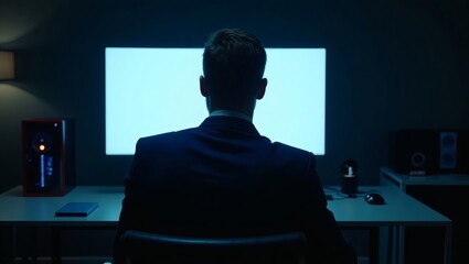 A man sits in front of a monitor in a dark room. He is facing the bright screen, which is illuminated. The scene is set in a professional office. 