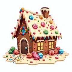 A whimsical illustration of a gingerbread house adorned with colorful candies and frosting. The house has a cozy and inviting look