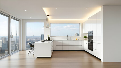 Fototapeta premium Flat Modern white kitchen with wood floor recessed lighting and balcony view concept as A modern white kitchen featuring a wood floor recessed lighting and a balcony view in Simple flat cute vector i