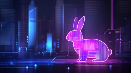 Sparkling Easter rabbit silhouette against a high-tech cityscape, blending tradition with digital innovation