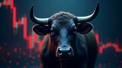 Naklejka premium Flat Bull and Chart Illustration: Generative AI Concept for Business and Bull Market Traders - Cute Vector Design for Smart Business Insights