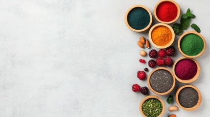Colorful assortment of superfoods in wooden bowls with berries and nuts on white surface.