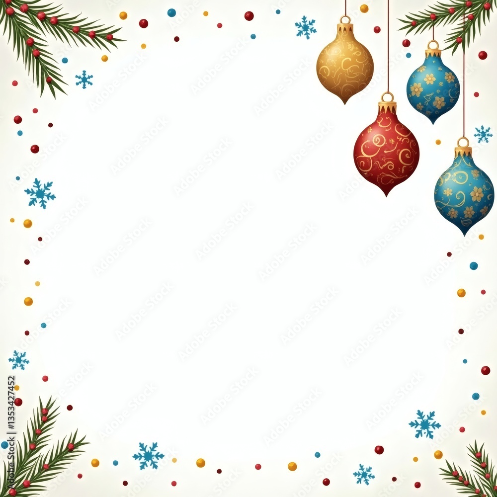 Poster decorative holiday baubles and christmas tree branches create a festive frame