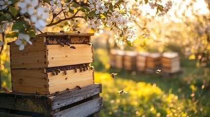 Honeybees swarming around a beehive in a blossoming orchard at sunset.