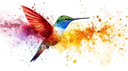 Watercolor painting of a vibrant hummingbird in flight, bursting with color