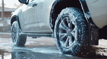 Clean Wheels on a Vehicle with Water Spray