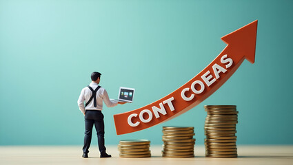 Effective Cost Management: Businessman Stacking Coins Downward to Illustrate Budget Cuts During Recession